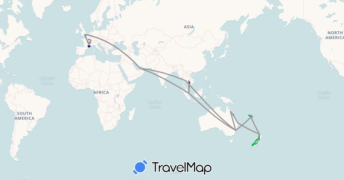 TravelMap itinerary: driving, bus, plane in United Arab Emirates, Australia, France, United Kingdom, Cambodia, New Caledonia, New Zealand, Singapore, Thailand (Asia, Europe, Oceania)